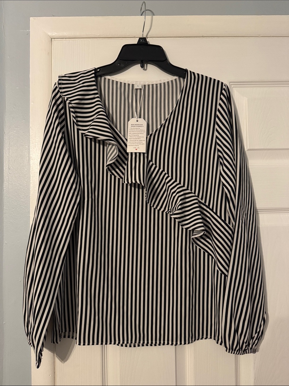 Striped Ruffle V-Neck Blouse - Black and White